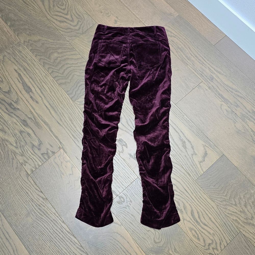 Theory Ruched Draped Straight Leg Low Rise Velvet Pants in Mulberry Purple